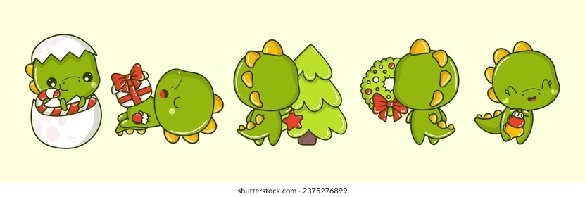 Set of Kawaii Christmas Dino. Collection of Cute Vector Xmas Dinosaur Illustrations for Stickers. 