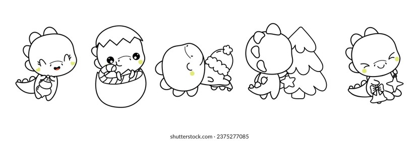 Set of Kawaii Christmas Dino Coloring Page. Collection of Cute Vector Christmas Dinosaur Outline. 