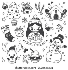 Set of Kawaii Christmas Doodles Vector