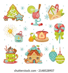 Set Of Kawaii Christmas Elements In Flat Style. Cartoon Vector Illustration