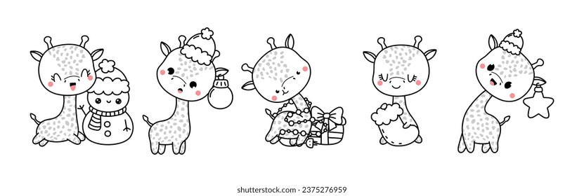 Set of Kawaii Christmas Giraffe Coloring Page. Collection of Cute Vector Christmas Animal Outline. 