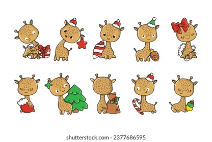 Set of Kawaii Christmas Giraffe Vector. Collection of Cute Vector Xmas Animal Illustrations for Stickers. 