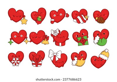 Set of Kawaii Christmas Heart. Collection of Cute Vector Xmas Character Illustrations for Stickers. 