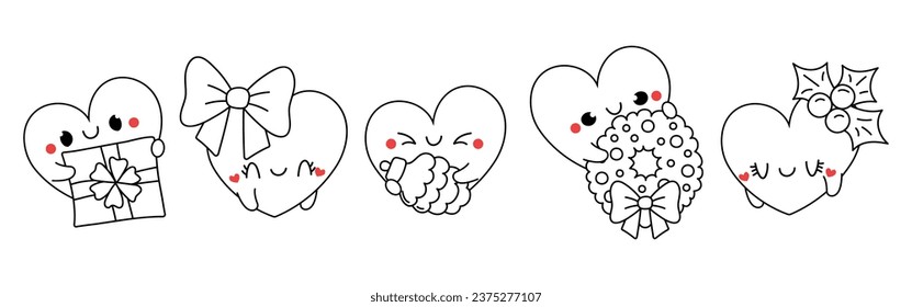 Set of Kawaii Christmas Heart Coloring Page. Collection of Cute Vector Christmas Character Outline. 