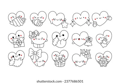 Set of Kawaii Christmas Heart Coloring Page. Collection of Cute Vector Christmas Character Outline. 