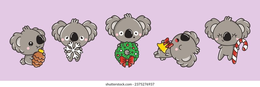 Set of Kawaii Christmas Koala Bear. Collection of Cute Vector Xmas Animal Illustrations for Stickers. 