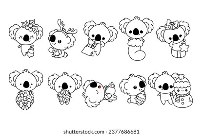 Set of Kawaii Christmas Koala Bear Coloring Page. Collection of Cute Vector Christmas Animal Outline. 