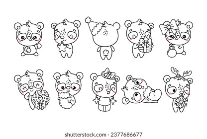 Set of Kawaii Christmas Panda Coloring Page. Collection of Cute Vector Christmas Animal Outline. 