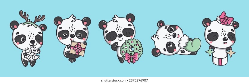 Set of Kawaii Christmas Panda Vector. Collection of Cute Vector Xmas Animal Illustrations for Stickers. 