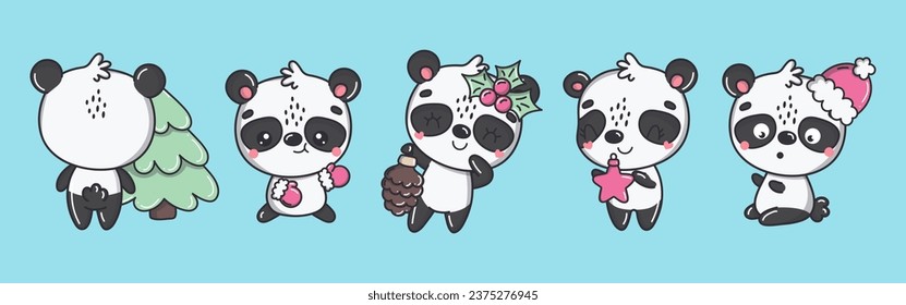 Juego de Kawaii Christmas Panda Vector. Colección de ilustraciones de animales con vectores personalizados de Navidad para pegatinas. 