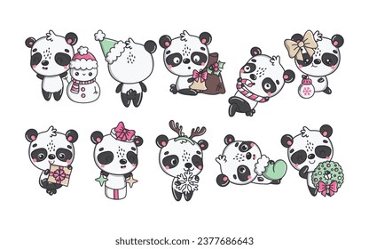 Set of Kawaii Christmas Panda Vector. Collection of Cute Vector Xmas Animal Illustrations for Stickers. 