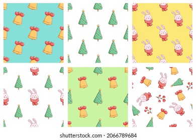 set of kawaii christmas pattern. hand drawing christmas pattern with christmas bell, pine tree and cute bunny or rabbit