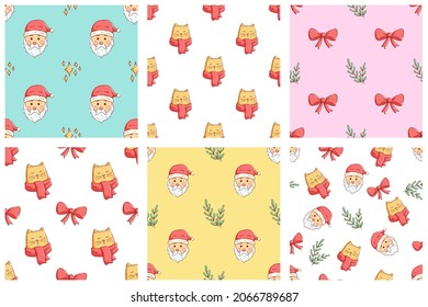 set of kawaii christmas pattern. hand drawing christmas pattern with santa, cat and ribbon elements