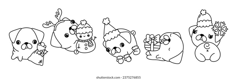 Set of Kawaii Christmas Pug Dog Coloring Page. Collection of Cute Vector Christmas Puppy Outline. 