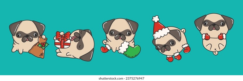 Set of Kawaii Christmas Pug Dog Vector. Collection of Cute Vector Xmas Puppy Illustrations for Stickers. 