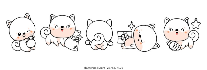 Set of Kawaii Christmas Shiba Inu Dog Coloring Page. Collection of Cute Vector Christmas Puppy Outline. 