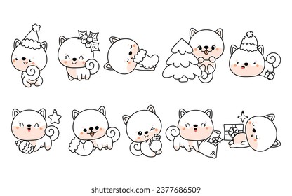 Set of Kawaii Christmas Shiba Inu Dog Coloring Page. Collection of Cute Vector Christmas Puppy Outline. 