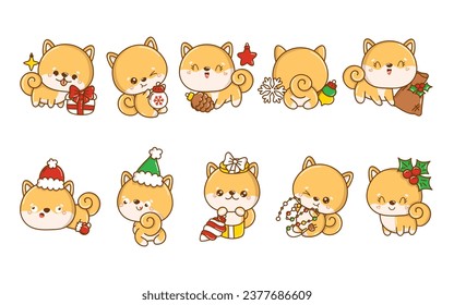 Set of Kawaii Christmas Shiba Inu Dog. Collection of Cute Vector Xmas Puppy Illustrations for Stickers. 