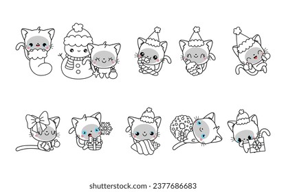 Set of Kawaii Christmas Siamese Cat Coloring Page. Collection of Cute Vector Christmas Cat Outline. 