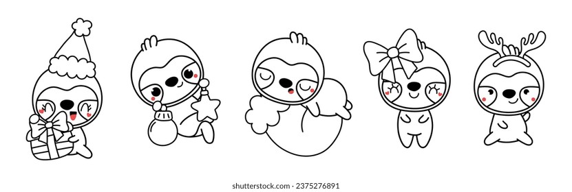 Set of Kawaii Christmas Sloth Coloring Page. Collection of Cute Vector Christmas Tropical Animal Outline. 