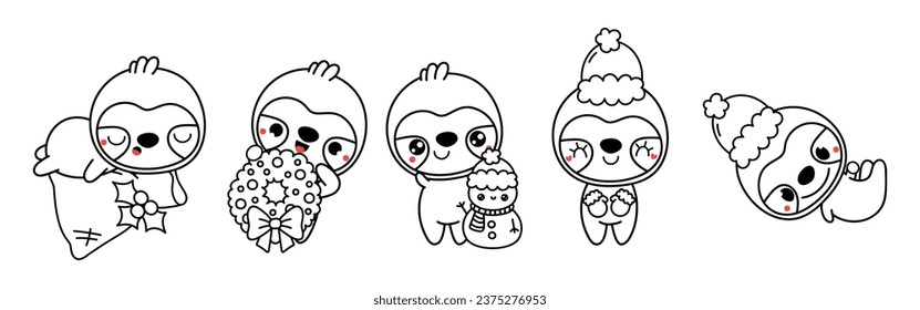 Set of Kawaii Christmas Sloth Coloring Page. Collection of Cute Vector Christmas Tropical Animal Outline. 