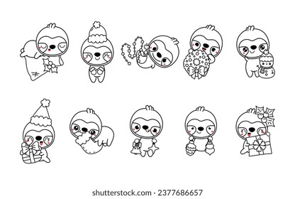 Set of Kawaii Christmas Sloth Coloring Page. Collection of Cute Vector Christmas Tropical Animal Outline. 