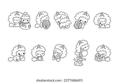 Set of Kawaii Christmas Unicorn Coloring Page. Collection of Cute Vector Christmas Animal Outline. 