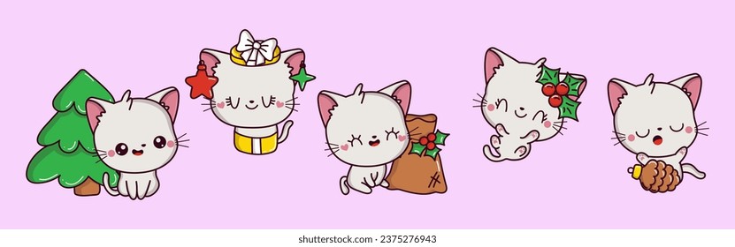 Set of Kawaii Christmas White Cat. Collection of Cute Vector Xmas Animal Illustrations for Stickers. 
