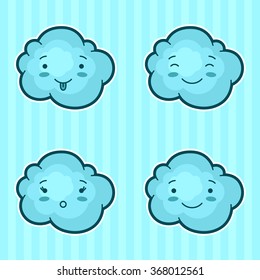 Set of kawaii clouds with different facial expressions.