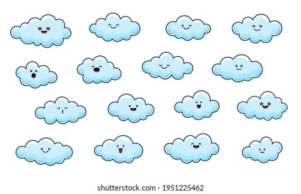 Un conjunto de nubes kawaii. Graciosa ilustración vectorial. Objetos aislados sobre un fondo blanco.