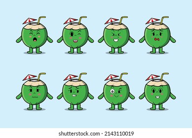 Set kawaii coconut cartoon character with different expressions of cartoon face vector illustrations