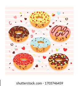 Set of kawaii colorful donuts, cute characters. Doughnuts collection into glaze with cute faces for your design and cafe decoration. Isolated vector flat illustration in cartoon style