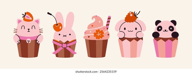 Set with kawaii cupcakes in the shape of cute animals like rabbit, cat, puppy and panda. Trendy modern vector illustration isolated on  background, hand drawn, flat design