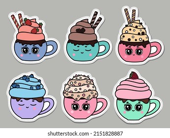 Juego de pegatinas de tazas de kawaii. Personajes de taza con emociones. Café, leche y sabores diferentes. Colección de tazas con la parte superior del rizo. Fresa, arándano azul, limo de chocolate.Caricatura