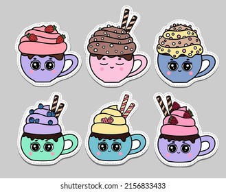 Set of kawaii cups stickers. Cute cup characters with emotions. Mug coffee, milk, smoothie different flavors. Collection of cups with curly swirl top. Strawberry, blueberry, chocolate smoothie.Cartoon