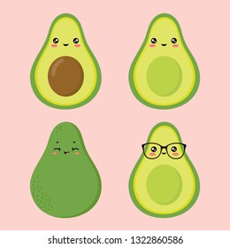 Set of kawaii cute avocados characters  in glasses, with and without seed.  It can be used for sticker, patch, phone case, poster, t-shirt, mug and other design.