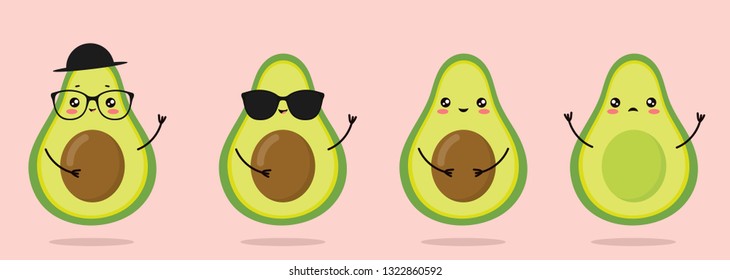 Set of kawaii cute avocados characters  in sunglasses, glasses, hat with and without seed.  It can be used for sticker, patch, phone case, poster, t-shirt, mug and other design.