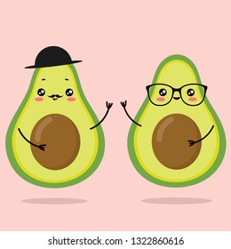 Set of kawaii cute avocados characters  in  glasses, hat, and with seed.  It can be used for sticker, patch, phone case, poster, t-shirt, mug and other design.