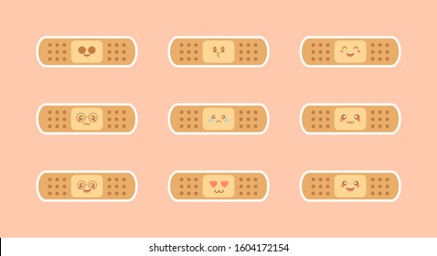 Set of kawaii and cute bandaid character Icons In Different Expressions. Flat design of Adhesive bandage. Vector illustration. Design for kid, health, medical, hospital, healthcare
