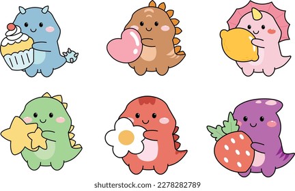 Set Kawaii Cute Dinosaur Cartoon Character