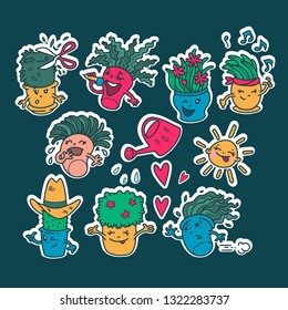 Set of kawaii cute Emoji flower pots stickers. Emotions of cartoon characters with a white outline.