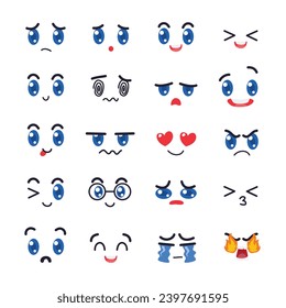 Set of Kawaii Cute Face with round eyes big, Emoticon Collection, Manga style eyes and mouths, Funny cartoon japanese emoticon in in different Expression anime character, vector illustration.