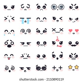 Set of kawaii cute faces, angry and cry, upset and enjoy. Vector cute kawaii face smile character icon, emoticon and emotion illustration
