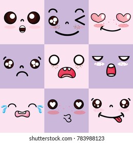 set kawaii cute faces expression