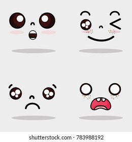 set kawaii cute faces expression