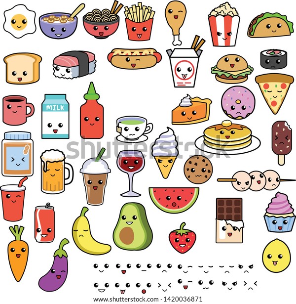 Set Kawaii Cute Food Mascot Icon Stock Vector (Royalty Free) 1420036871