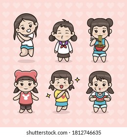 Set of kawaii cute girl design illustration vector template