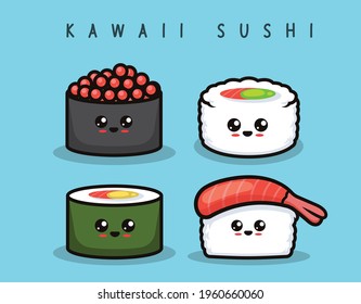 Set of kawaii cute sushi mascot design illustration