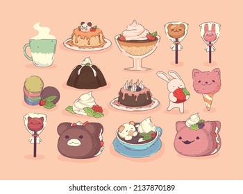 set kawaii dessert food cartoon