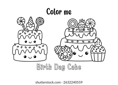 Set Of Kawaii Dessert Tower Coloring Page, Cute Cartoon Cake And Sweet Treats Line Art for Children’s Day